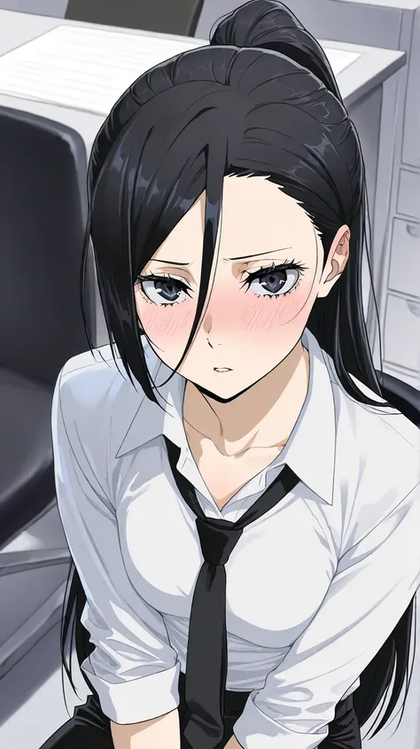 silver( Bungo Stray Dogs)
High quality ,  best quality , masterpiece,  High Resolution , detailed face , anatomically correct,
alone, 1 woman,alone, adult woman
 close up,
Office, desk, chair
Long hair  ,  black hair,  high ponytail( Short back hair),Strai...