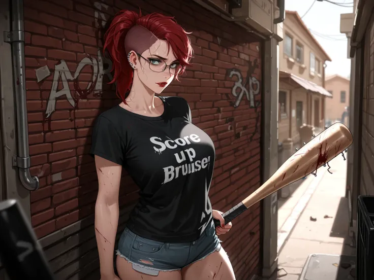 (cinematic lighting, masterpiece, 8k, incredibly_absurdres, soft_focus, front_view,), BREAK, (1girl, red hair, pixie cut, long ponytail, green eyes, frackles, glasses, fair skin, piercings, red lipstick, tomboy, t-shirt, hotpants,), BREAK ( bruises, bloody...