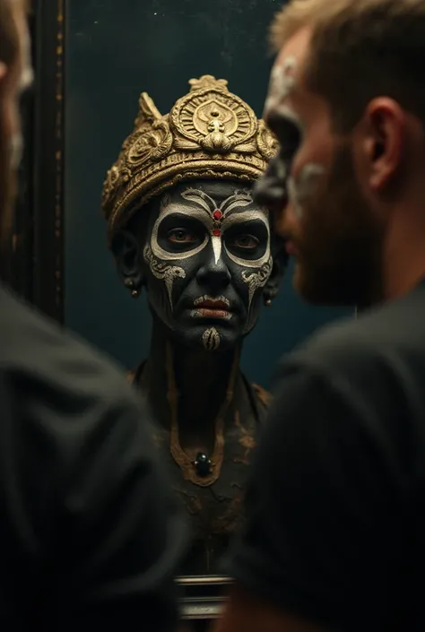 A man staring into a mirror where its reflection shows its sugar skull-painted face blending into a decayed Indian deity's idol, adorned with dia de Muertos makeup, Duality, rich textures, and surreal lighting that shifts focus between the spirit and its r...