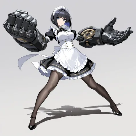 (masterpiece:1.3, highest quality, highres),1girl, giant mechanical fist\metal spike BREAK short bob, silver, Victoria maid outfit, skirt fluttering, legs spread, dynamic pose:1.3, unbelievably beautiful clothing shading, drawing the details of clothing