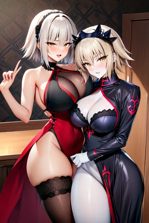 room, Score_9, score_8_up, score_7_up, score_6_up, source_anime, rating:general, 2 girls, beautiful woman, mature, beautiful body, heavy bottom, curvy, thick thighs, white skin, standing, looking at viewer, excited, seductive look, random sexy pose, slut, ...