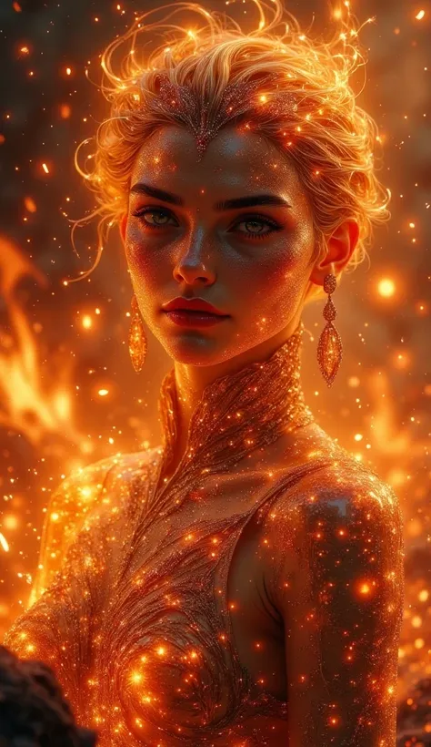 UHD, 4k, ultra detailed, cinematic, a photograph of she is a gorgeous woman-like being created out of fire and ashes ((she is coming out of molten lava), fire embers dance around the character, by Vladimir Matyukhin, RAW, intricate, vibrant colors, (((faci...