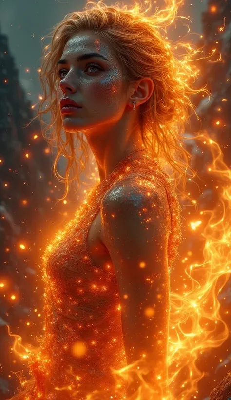 UHD, 4k, ultra detailed, cinematic, a photograph of she is a gorgeous woman-like being created out of fire and ashes ((she is coming out of molten lava), fire embers dance around the character, by Vladimir Matyukhin, RAW, intricate, vibrant colors, (((faci...