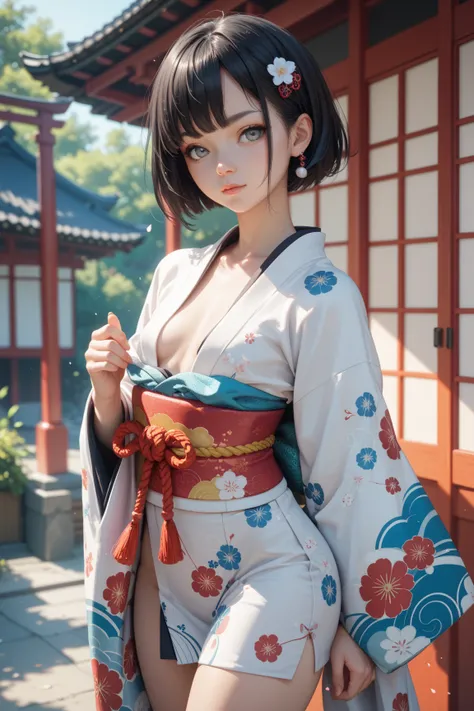 Girl ,  Black hair ,  short hair,  grey eyes,  small breasts ,  wide hips, in japan, kimono