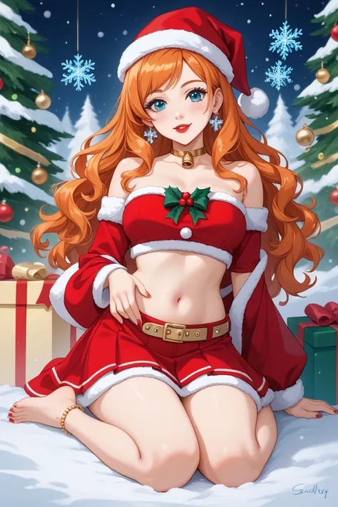 Orihime’s Christmas-inspired outfit is a festive and charming ensemble that blends holiday cheer with her signature style:  

**Top:** She wears a red, cropped halter-style top made of soft velvet, trimmed with fluffy white faux fur along the neckline and ...