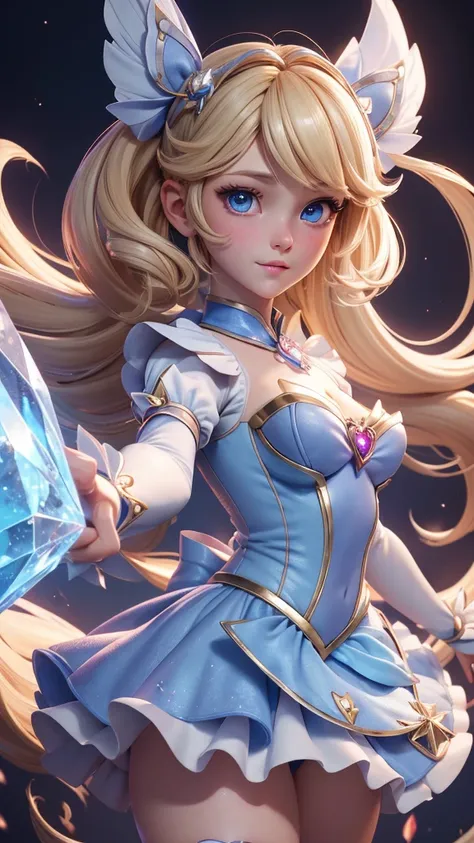 magical girl of cinderella, mahoushoujo, , girl, young girl, young face, blue eyes, blue lips, blonde hair, mahou shoujo hairstyle, (Create a great atmosphere)，Mahou Shoujo crystalline dress, cinderella theme, Perfect skin, (One, full figure), Full of text...