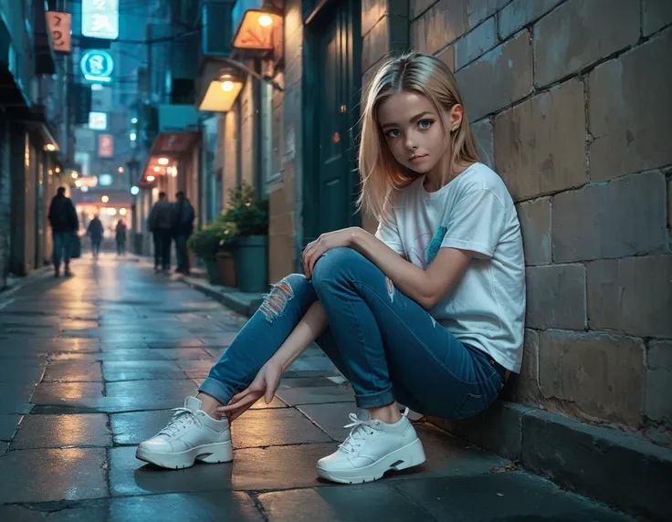 young girl, young, 20 years, shoulder length blond hair, blue eyes, white shirt, blue jeans, white wedge sneakers, at night in the street, emptry street, against a wall. (((A 20 years boy put his hand between the legs of the girl)))