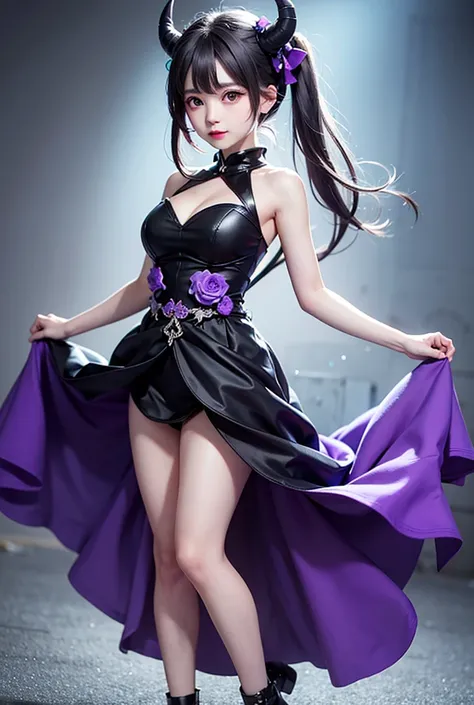 Loli with black horns  , short gray hair ,  purple eyes and a black dress with flight and purple details