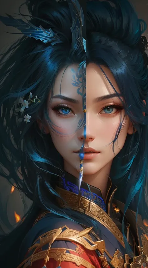 a close up of a woman with blue hair holding a sword, digital fantasy portrait, inspired by Li Mei-shu, detailed matte fantasy portrait, alice x. zhang, in the art style of bowater, fantasy rpg symmetrical portrait, stunning digital illustration, beautiful...