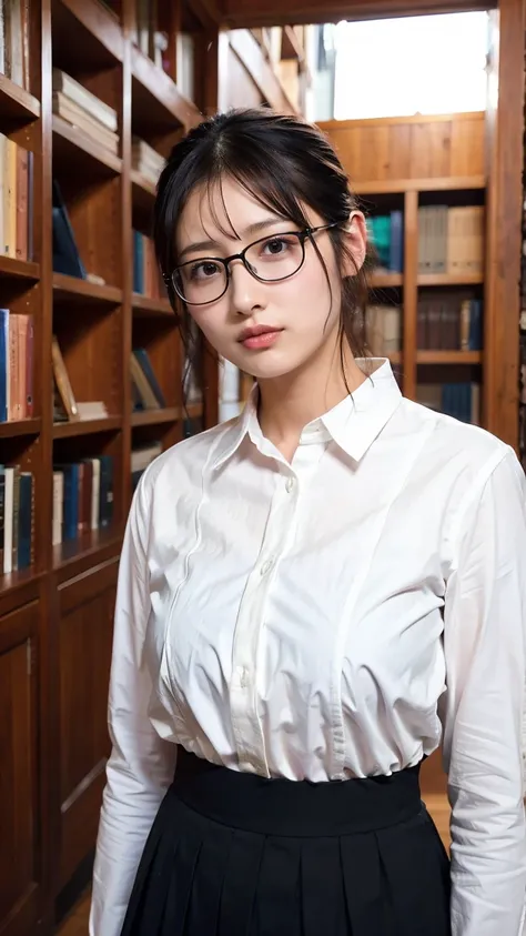 a 23 year old Norwegian librarian stands between bookshelves,looking at the viewer seductively,white button up shirt,black skirt,reading glasses, Ultra-HD-details, RAW candid cinema, 16mm, color graded portra 400 film, remarkable color,  ultra realistic , ...