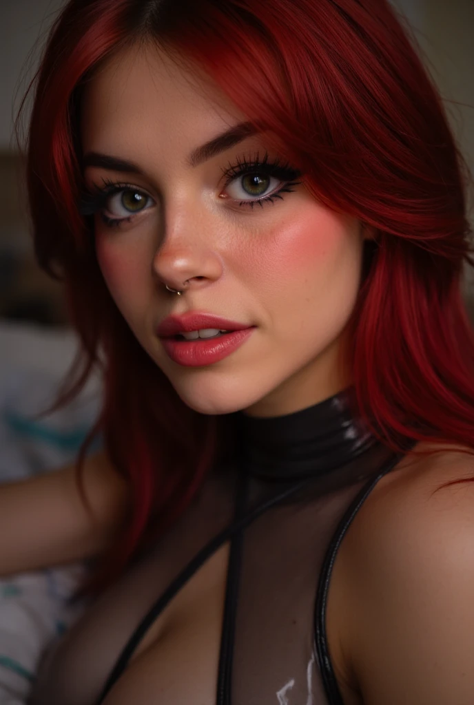 close up face portrait, 21 year old woman with deep red hair wearing deep red shiny reflective striking dramatic lip gloss, latex catsuit, eyeliner flicks, in the bedroom, 