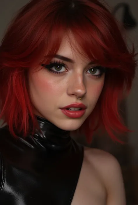 close up face portrait, 21 year old woman with deep red hair wearing deep red shiny reflective striking dramatic lip gloss, latex catsuit, eyeliner flicks, in the bedroom, 