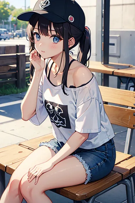   Female Elementary School Girls  、  denim shorts 、white shoulder t-shirt  、  Exposed Shoulders、 black cap with logo、  cute pose 、  ponytail、  solo focus  、Around town