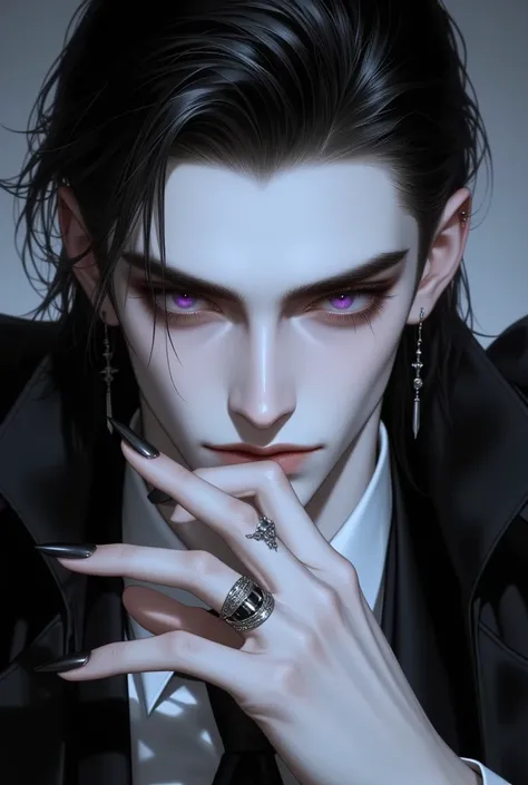 Masterpiece:1.3, Perfect detail:1.4, top quality, 8k wallpaper, good anatomy:1.4, perfect fingers:1.4, perfect face:1.4. A handsome man with pale skin and sleek, black, styled hair. His eyes are bright purple with vertical pupils, exuding a mystical and si...