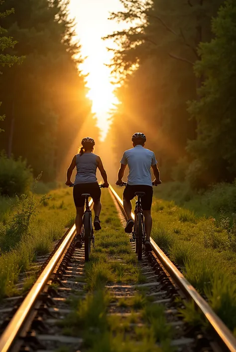  A 55-year-old man and a woman are cycling through a forest . both wear a helmet ,  mountain bike and sportswear .  The forest is lush with tall and lush trees .  They go halfway between two abandoned railway tracks ( the grass grows on them ). It's a beau...