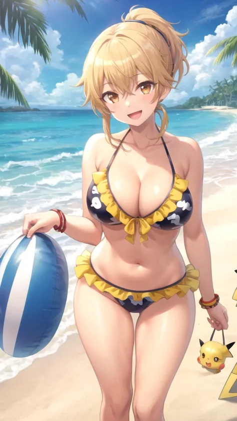 masterpiece, best quality, high quality, girl, solo, looking at viewer, ashura_kokuhou, brown eyes, blonde hair, ponytail, large breasts, frilled bikini, Pikachu print bikini, beach, standing, smile, open mouth 