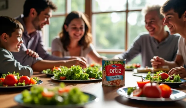 Candid lifestyle photography:1.4) of a multi-generational family scene, highlighting a grandmother with a warm smile, carefully preparing a classic Spanish tuna salad using ORTIZ tuna, (upper body framing:1.3), around a beautifully set dining table, surrou...