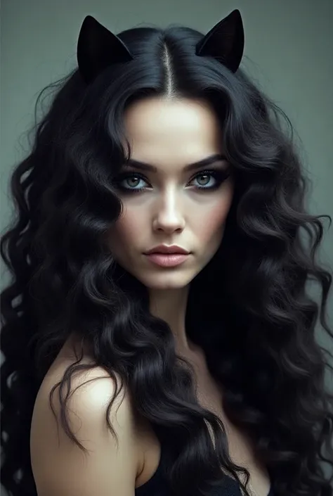 Use the image to make her hair kinky curly and 8 inches long and black with cat eye lashes