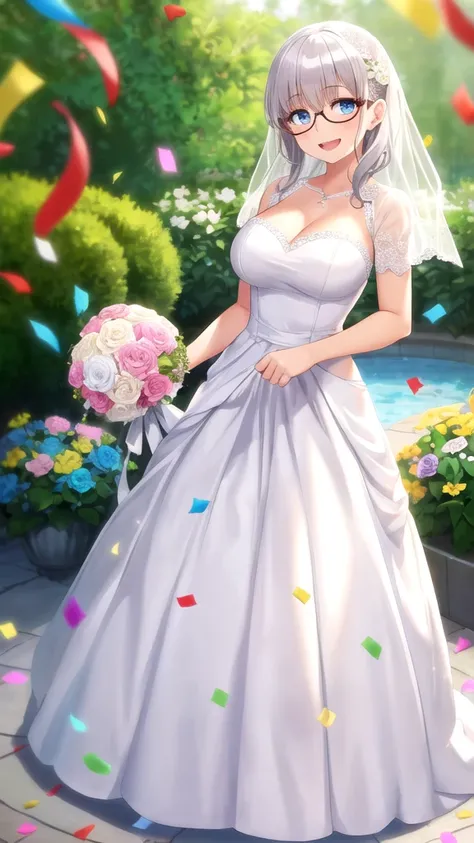 masterpiece, best quality, girl, solo, looking at viewer, shouta_doi, grey hair, blue eyes, glasses, large breasts, wedding Dress, standing, garden, confetti, holding bouquet, smile, open mouth 