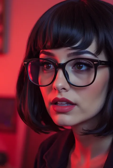  velma dinkley, glasses, beginning a sensual strip-tease, comic book style, hyperrealistic, volumetric lighting, dramatic chiaroscuro, exquisite details, vibrant colors, masterpiece, 1girl, beautiful detailed eyes, beautiful detailed lips, extremely detail...