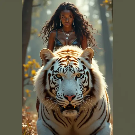  Portrait of a black female warrior, wearing a necklace with the name mtz , mounted on a large and majestic white tiger with golden stripes .