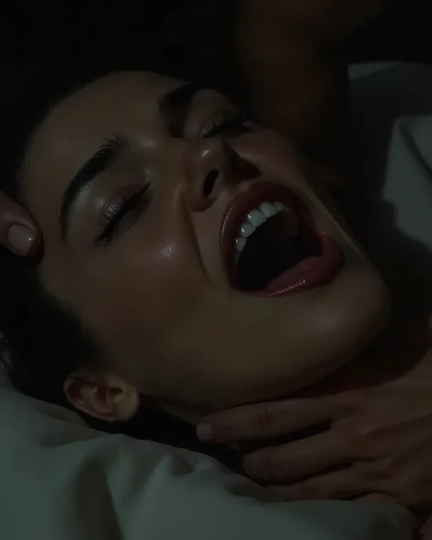 An extreme close up of mouth of a woman who getting strangle by another man's two hands while lying on the bed in a dark room, the hands are on her neck, the hands are pressing her neck from the bottom,eyes closed, mouth open,sweaty skin, close up view 