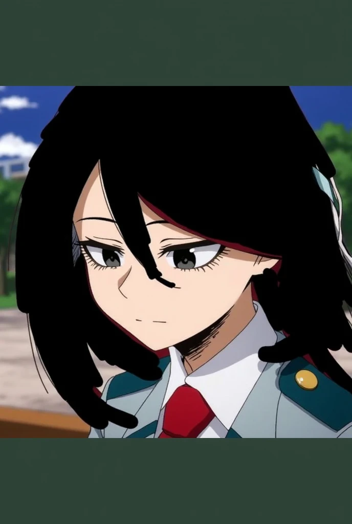 Captura de pantalla de My Hero academia.
 white-leather girl ,
 medium short black hair ,
 shiny black eyes,
 long eyelashes and red lips ,
beautiful and attractive,
with a gray uniform of the U .a.,  have a calm expression and in the background is school ...