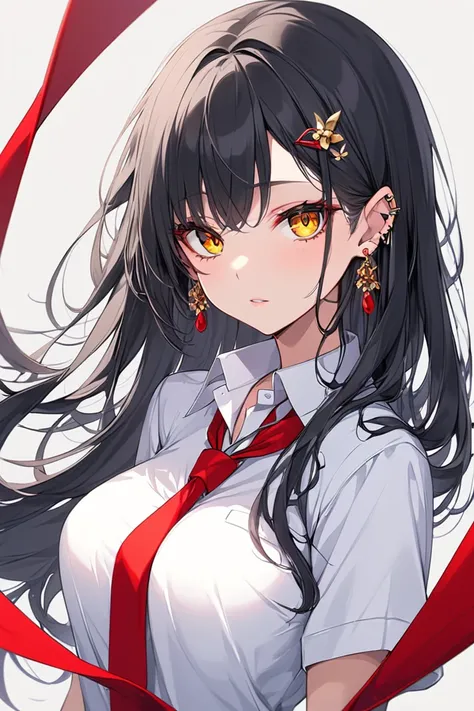 breasts , ear rings, The height of beauty,  is red , Black hair, sharp golden eyes,  school clothes ,  long hair,  is red , Hair ornament,  jewelry ,  one girl, 