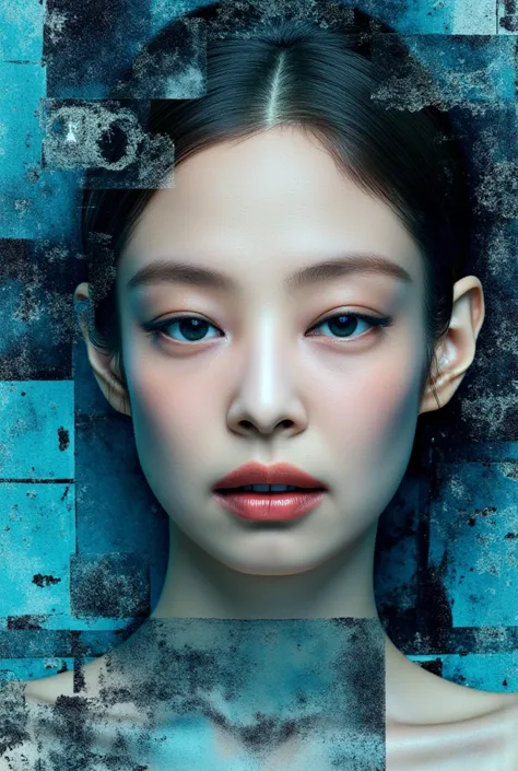 print collage of a woman's face, in the style of josef kote, grunge beauty, dain yoon, cyan and blue, highly detailed realism, multi-layered compositions, antonio mancini --ar 73:111 --stylize 750 --v 6 black & withe sadly, jennie kim