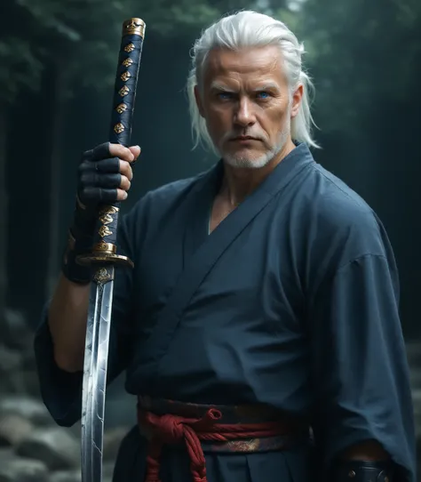 score_9, score_8_up, score_7_up, solo, looking at viewer, blue eyes, gloves, 1man, old, holding, closed mouth, weapon, white hair, male focus, japanese clothes, black gloves, sword, fingerless gloves, holding weapon, blurry, muscular, blurry background, fa...