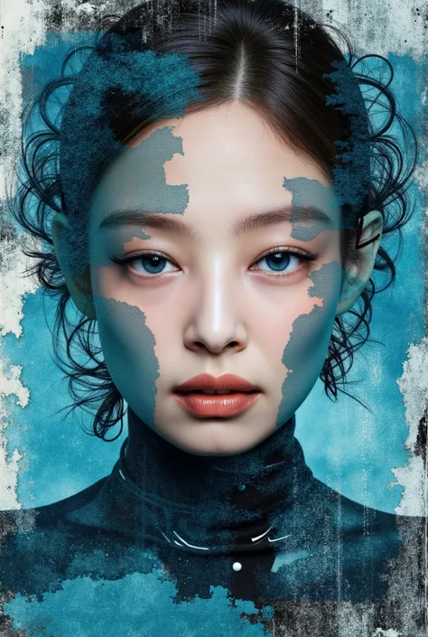 print collage of a woman's face, in the style of josef kote, grunge beauty, dain yoon, cyan and blue, highly detailed realism, multi-layered compositions, antonio mancini --ar 73:111 --stylize 750 --v 6 black & withe sadly, jennie kim