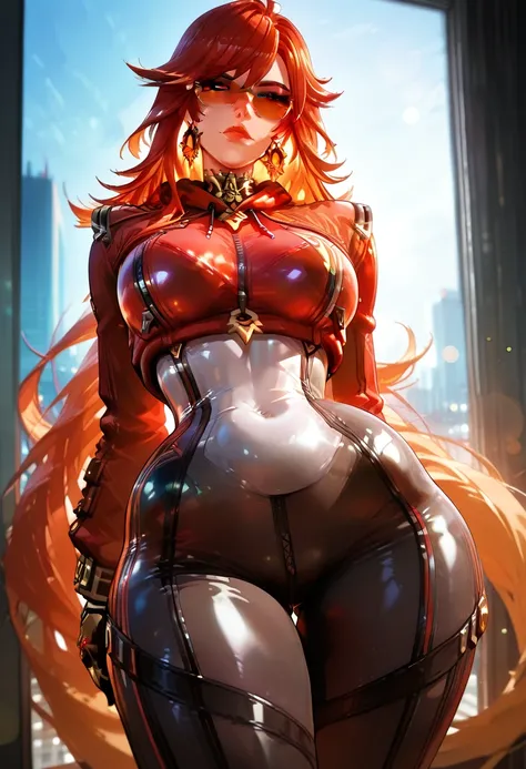 score_9,score_8_up,score_7_up,score_6_up, mavuika-gi, very long hair, tinted eyewear, orange eyes, multicolored hair, gloves, covered navel, earrings, jewelry, big fat ass,cinematic photo demonMikaQuiron woman,  solo,   looking at viewer,  lips,  piercing ...