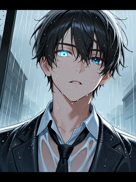 1 men, male_focus, solo, rain, necktie, shirt, black_hair, glowing_eye, upper_body, looking_at_viewer, blue_eyes, collared_shirt, jacket, letterboxed, wet, heterochromia, parted_lips, wet_clothes, black_necktie, loose_necktie jin woo form Solo living  age ...