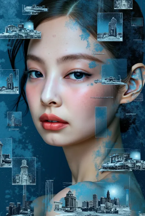 print collage of a woman's face, in the style of josef kote, grunge beauty, dain yoon, cyan and blue, highly detailed realism, multi-layered compositions, antonio mancini --ar 73:111 --stylize 750 --v 6 black & withe sadly, jennie kim