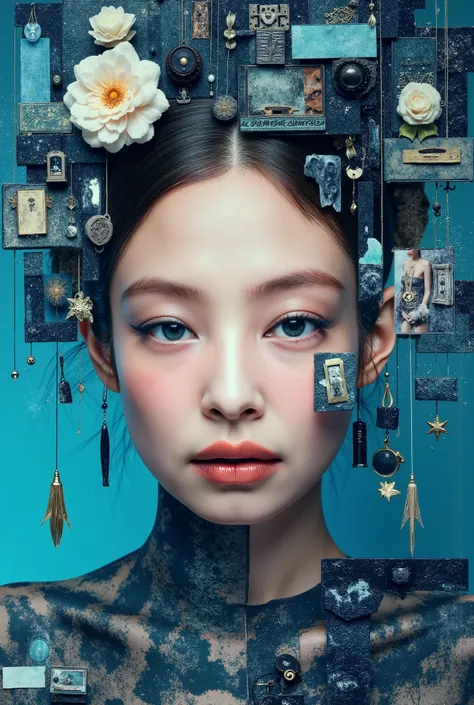 print collage of a woman's face, in the style of josef kote, grunge beauty, dain yoon, cyan and blue, highly detailed realism, multi-layered compositions, antonio mancini --ar 73:111 --stylize 750 --v 6 black & withe sadly, jennie kim