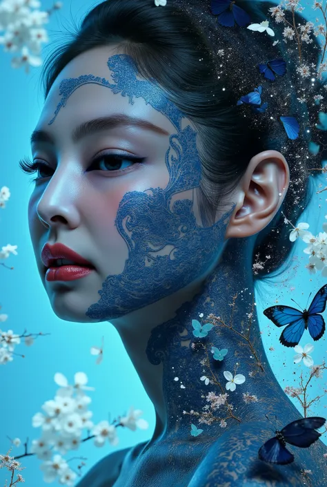 print collage of a woman's face, in the style of josef kote, grunge beauty, dain yoon, cyan and blue, highly detailed realism, multi-layered compositions, antonio mancini --ar 73:111 --stylize 750 --v 6 black & withe sadly, jennie kim