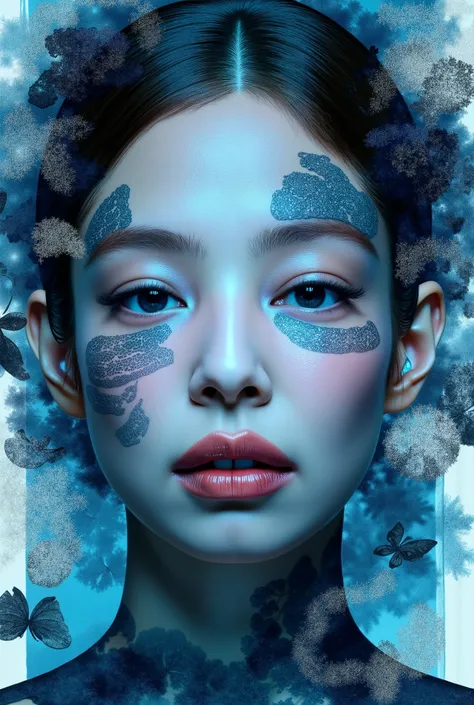 print collage of a woman's face, in the style of josef kote, grunge beauty, dain yoon, cyan and blue, highly detailed realism, multi-layered compositions, antonio mancini --ar 73:111 --stylize 750 --v 6 black & withe sadly, jennie kim