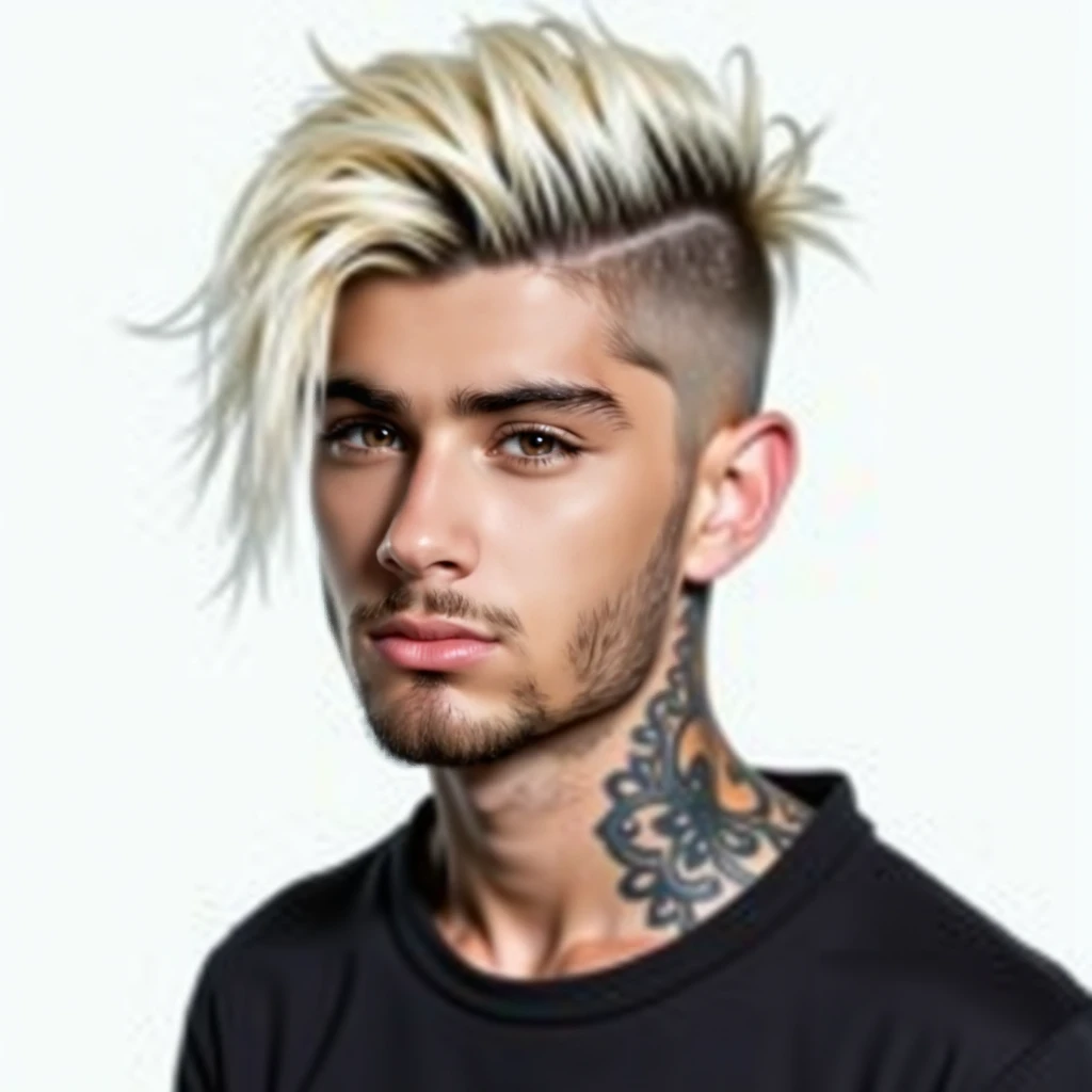 Zayn Malik gray eyes platinum hair with 20cm expansions on the ears tattooed photo shoot foreground white background