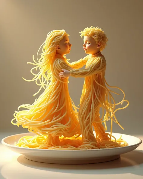 Photorealistic epic, hires, 4k, detailed, detailed faces, spagetti dancing on a plate, one girl and one man spagetti caracter, dancing together, studio light