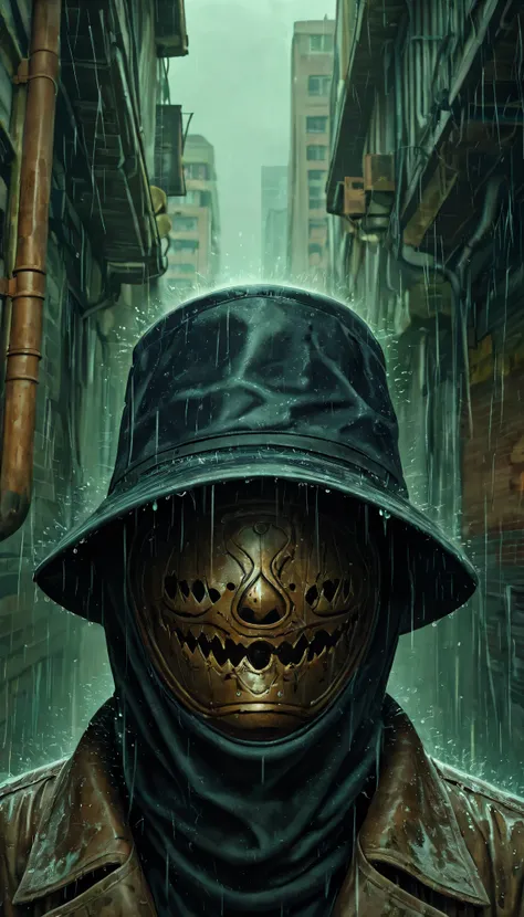 Portrait of a caretaker with shapeless mask that covers his entire face, covered eyes , City in Decline Under the World , brown gabardine ,Black hat,under the rain,In a dark and dirty alley 