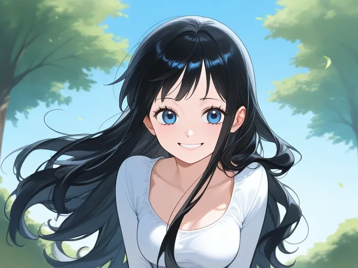 Long hair, park, blue sky, blue eyes, big white one piece, flowing hair, black hair, smile, innocence, tall,small_breasts