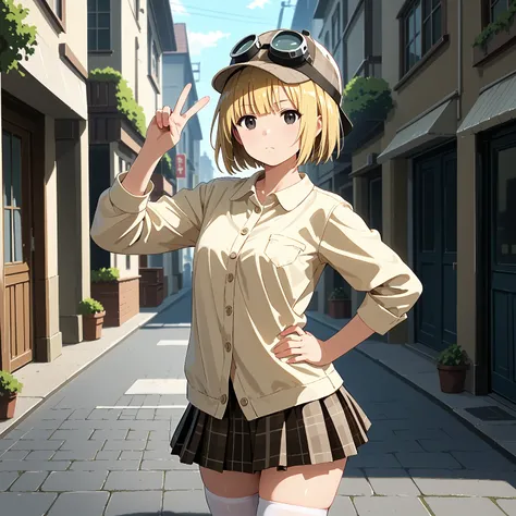 rating_questionable,
(cowboy shot), dutch angle, from lower,
1girl, solo,
ash blonde hair, short bob cut, asymmetrical hair, black eyes,
wearing a beige Cropped Jacket, (deerstalker hat), white solid undershirt, checkered mini skirt, thighhighs, detailed c...