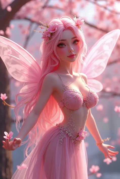 Create a fantasy fairy inspired by the cherry blossom with very long hair and a body similar to Winx's fairies with wings and a more lively style