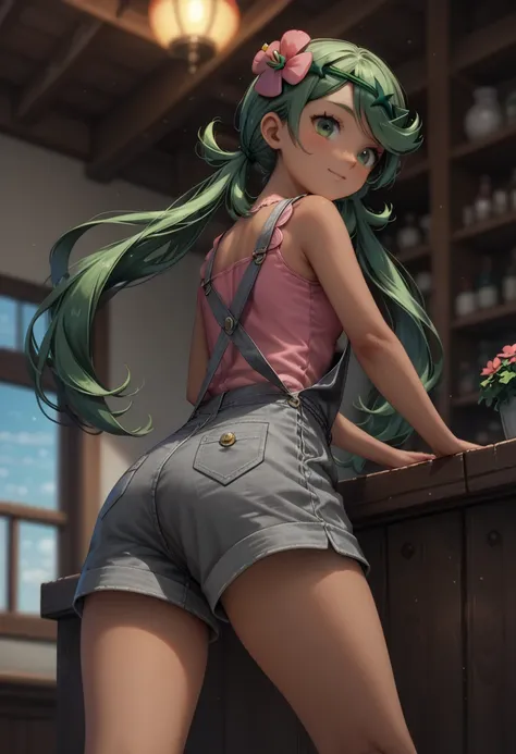 score_9, score_8_up, score_7_up, 1girl, solo, beautiful waifu, thicc, Mallow \(pokemon\),long hair, bangs, hair ornament, twintails, big green eyes, flower, green hair, hair flower, dark skin, dark-skinned female, swept bangs, wearing (grey overalls, pink ...