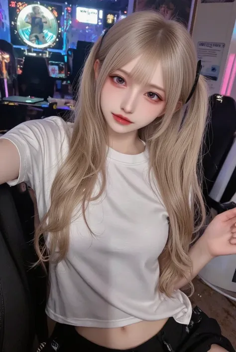  1girl , solo , Double Colored Hair, Blonde Hair, aqua blue hair , Long Tails , Hair Curling One Eye, slim figure , small boobs,  Long Oversized T Shirt ,Female gamers,One Shoulder Bare ,Mini Shirt  , Bare Legs , One Arm Outstretched Selfie , sexy pose , d...