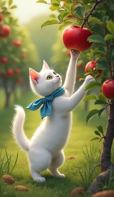 The realistic white cat ,  with his light blue handkerchief tied around his neck ,  It stands on its hind legs ,  reaching a bright red apple on a tree .  The orchard is full of fruit trees and green plants , with sunlight illuminating the scene .  The cat...