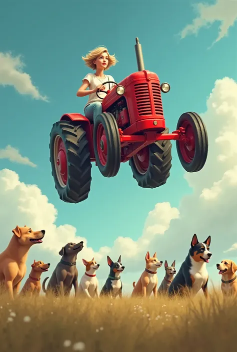  young woman with short light hair on a flying red vintage tractor from left to right. From the ground, you can see many different dogs 