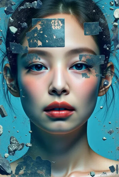 print collage of a woman's face, in the style of josef kote, grunge beauty, dain yoon, cyan and blue, highly detailed realism, multi-layered compositions, antonio mancini --ar 73:111 --stylize 750 --v 6 black & withe sadly, jennie kim