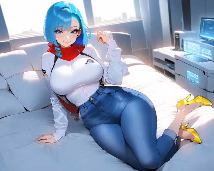  1 woman, large breasts, blue hair, Short hair, blue eyes, smile, future, cyber, bed, bulma, red scarf, white shirt, Blue jeans, yellow heels,