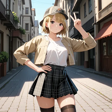 rating_questionable,
(cowboy shot), dutch angle, from lower,
1girl, solo,
ash blonde hair, short bob cut, asymmetrical hair, black eyes,
wearing a beige Cropped Jacket, (deerstalker hat), white solid undershirt, checkered mini skirt, thighhighs, detailed c...